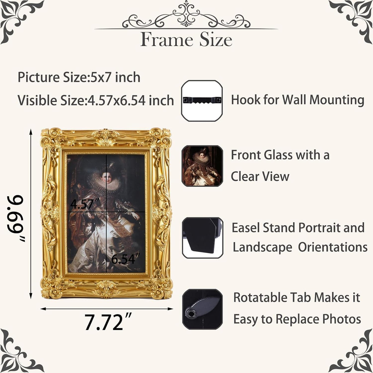 5x7 Vintage Picture Frames Ornate Gold Antique Picture Frames 5x7 photo frame with Front Glass for Wall Hanging and Tabletop Unique Home Decor Wall Decor Living Room Victorian Style