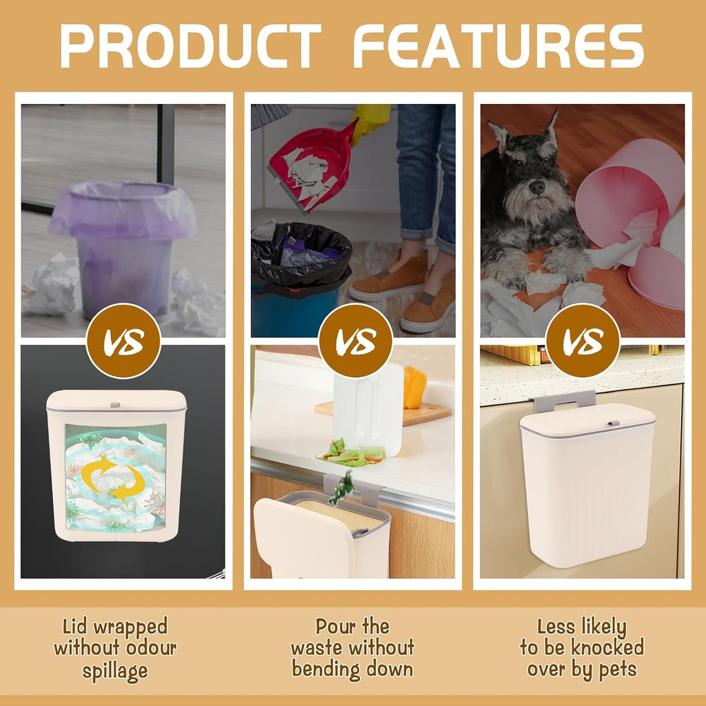 3 Pack Hanging Trash Can with Lid, Kitchen Compost Bin for Counter Top or Under Sink, Plastic Waste Basket Wall Mounted Garbage Can for Cupboard/Bathroom/Bedroom/Office/Camping (Cream)