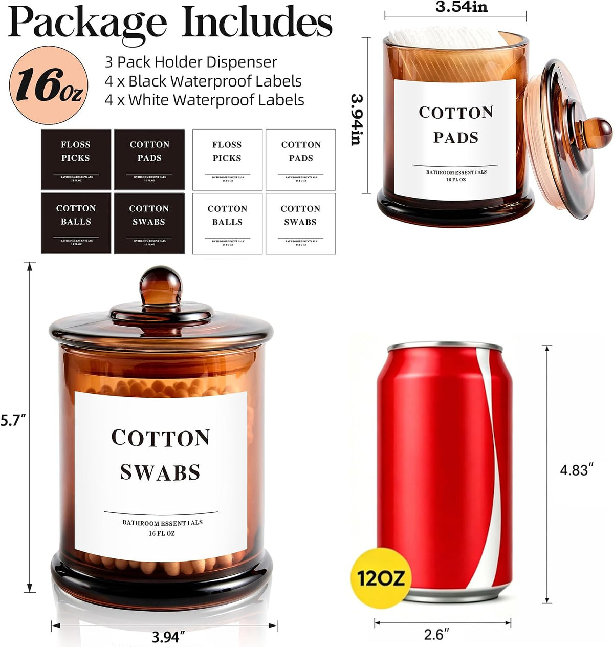 3 Pack Glass Qtip Holder Dispenser with Lids, Airtight Waterproof, 16 Oz Vanity Organizer Bathroom Canisters for Cotton Swabs, Balls, Pads, Floss Picks, Restroom Bedroom Kitchen Storage Jars, Amber