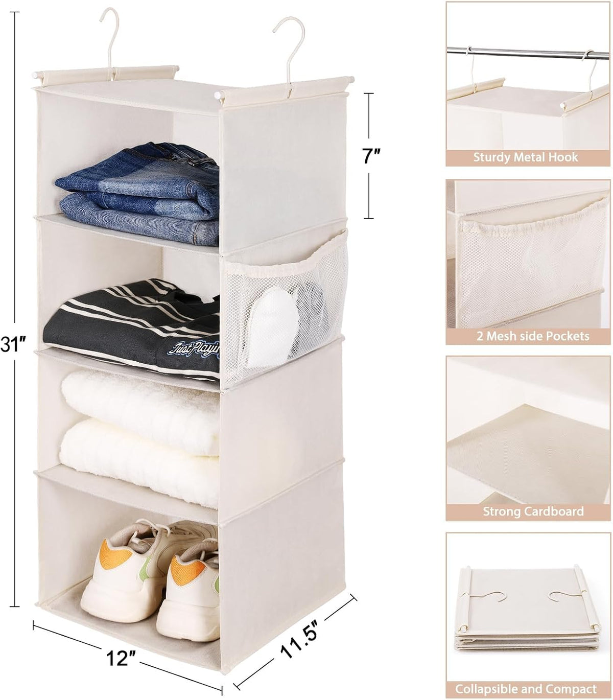 MAX Houser 4 Tier Shelf Hanging Closet Organizer, Space Saver,Closet Hanging Shelf with 2 Sturdy Hooks for Storage, Foldable (Beige)