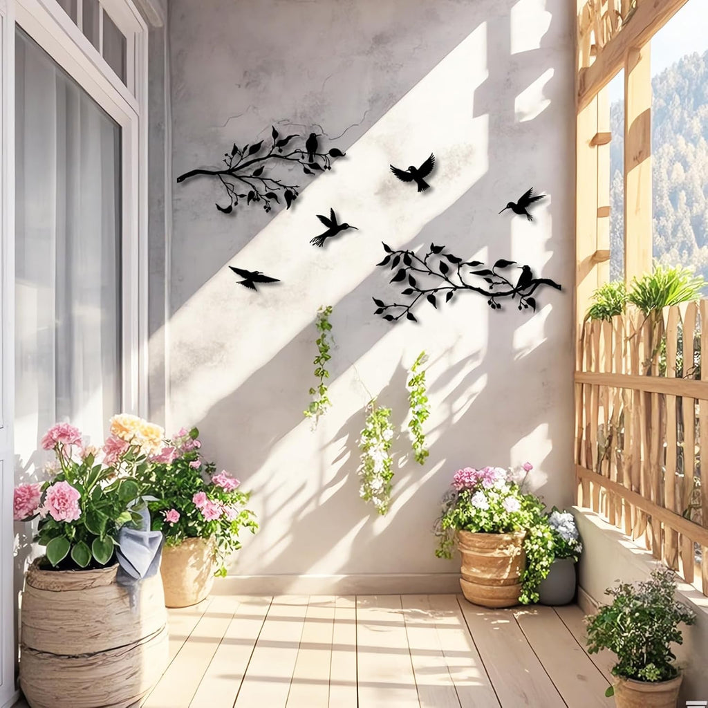 Harikikochuu 4PCS Large Birds on Branch Metal Wall Art Decor,Black Leaves with Birds Silhouette Art Metal Leaves with Hummingbirds Outdoor Wall Decor for Livingroom Balcony Garden Patio Decor.
