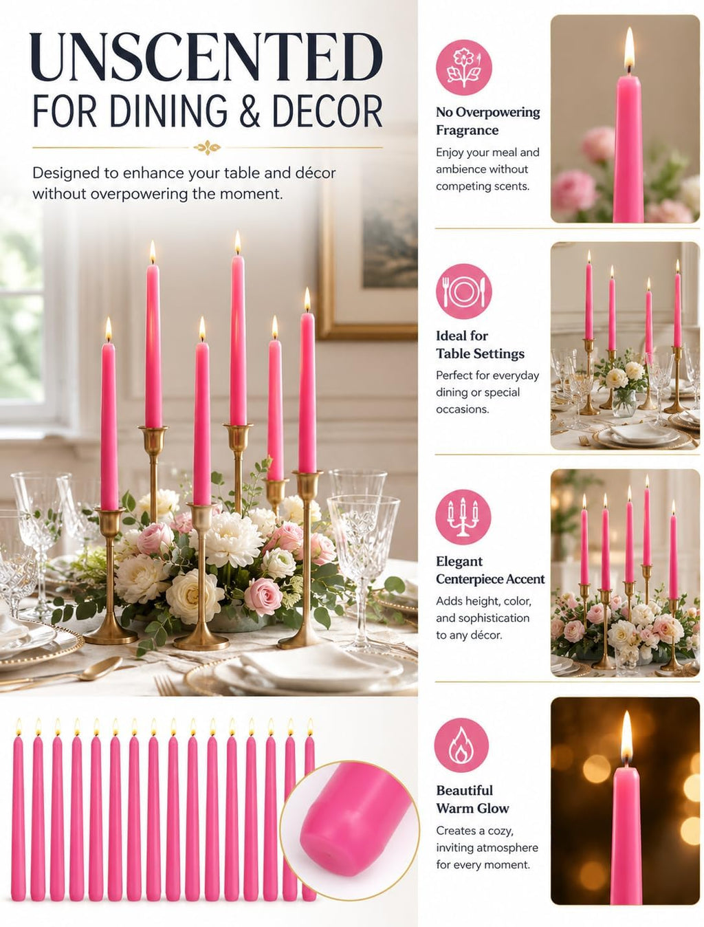 Hot Pink Elegant Taper Candles for Romantic Home Décor and Events