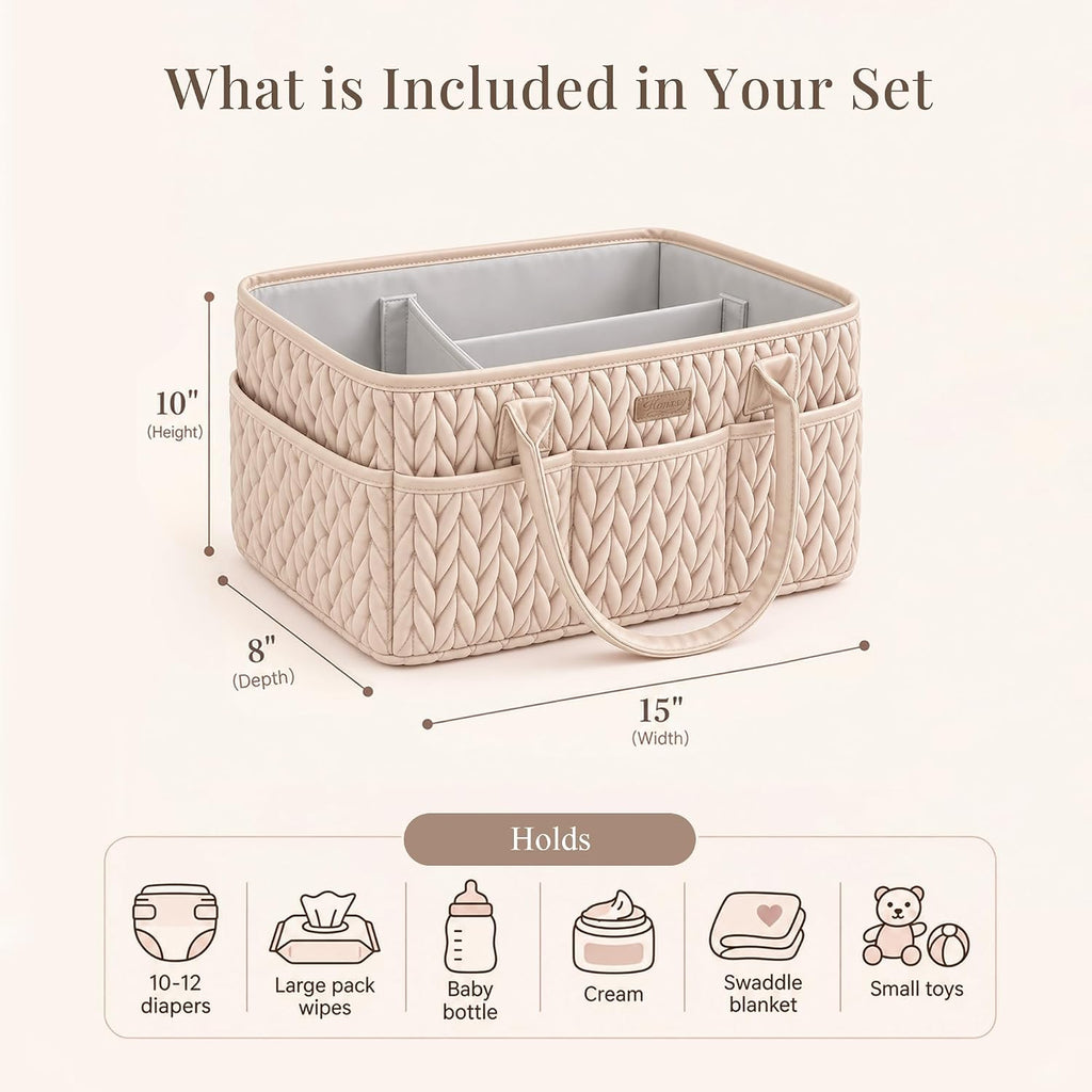Konssy Baby Diaper Caddy Organizer, Braided Quilted Design with PU Handles