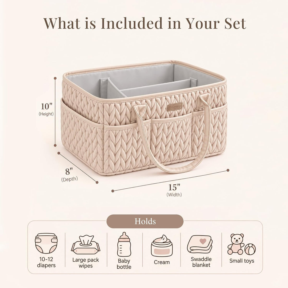 Konssy Baby Diaper Caddy Organizer, Braided Quilted Design with PU Handles