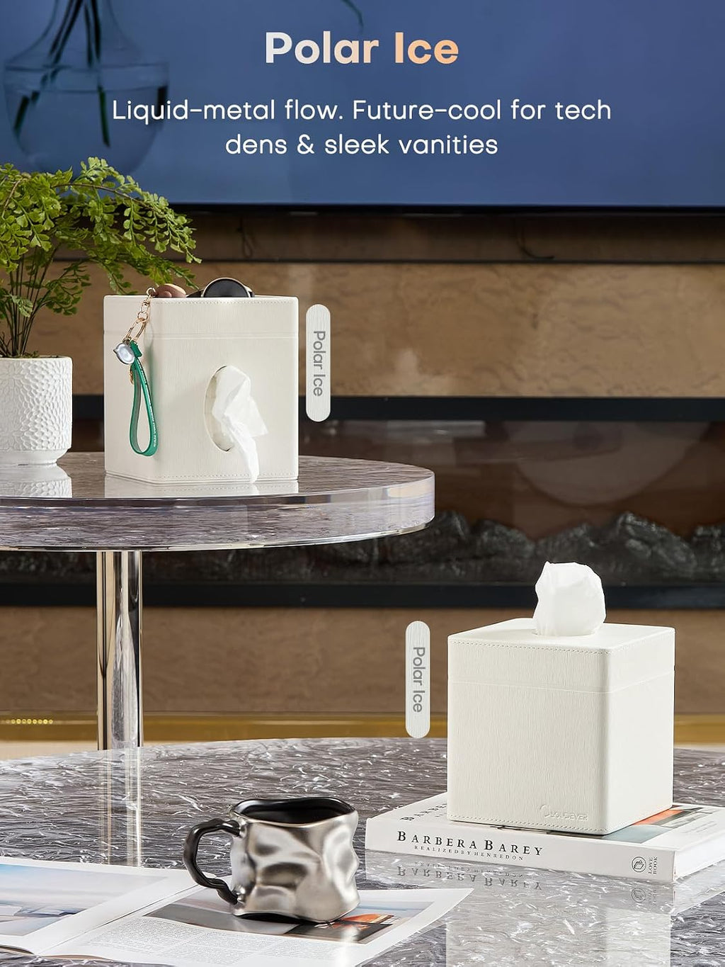 Square Tissue Box Cover Holder Compatible with Kleenex/Puffs Cubes, Patented Metal-Look PU Leather (Polar Ice)