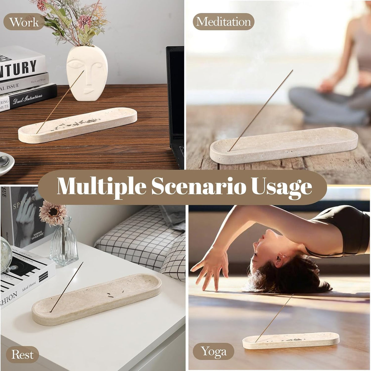 Koville Travertine Incense Holder, Incense Holder for Sticks, Long Incense Sticks Holder Ash Catcher for Meditation Yoga SPA, Natural Stone Incense Burner, Home Table Decor(Beige)