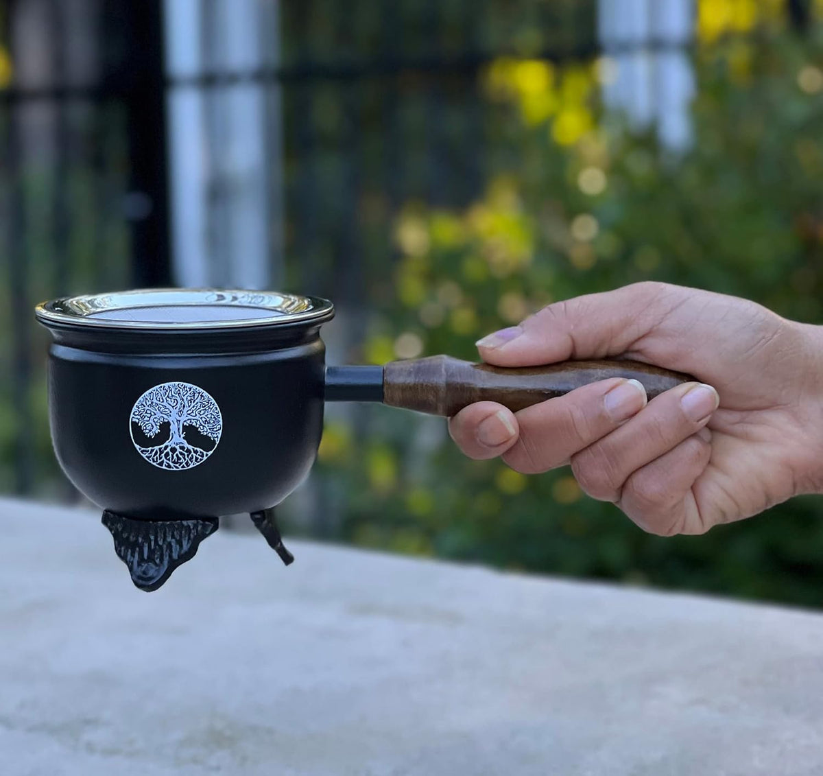 Large Metal Charcoal Incense Burner with Wooden Handle (Tree of Life)