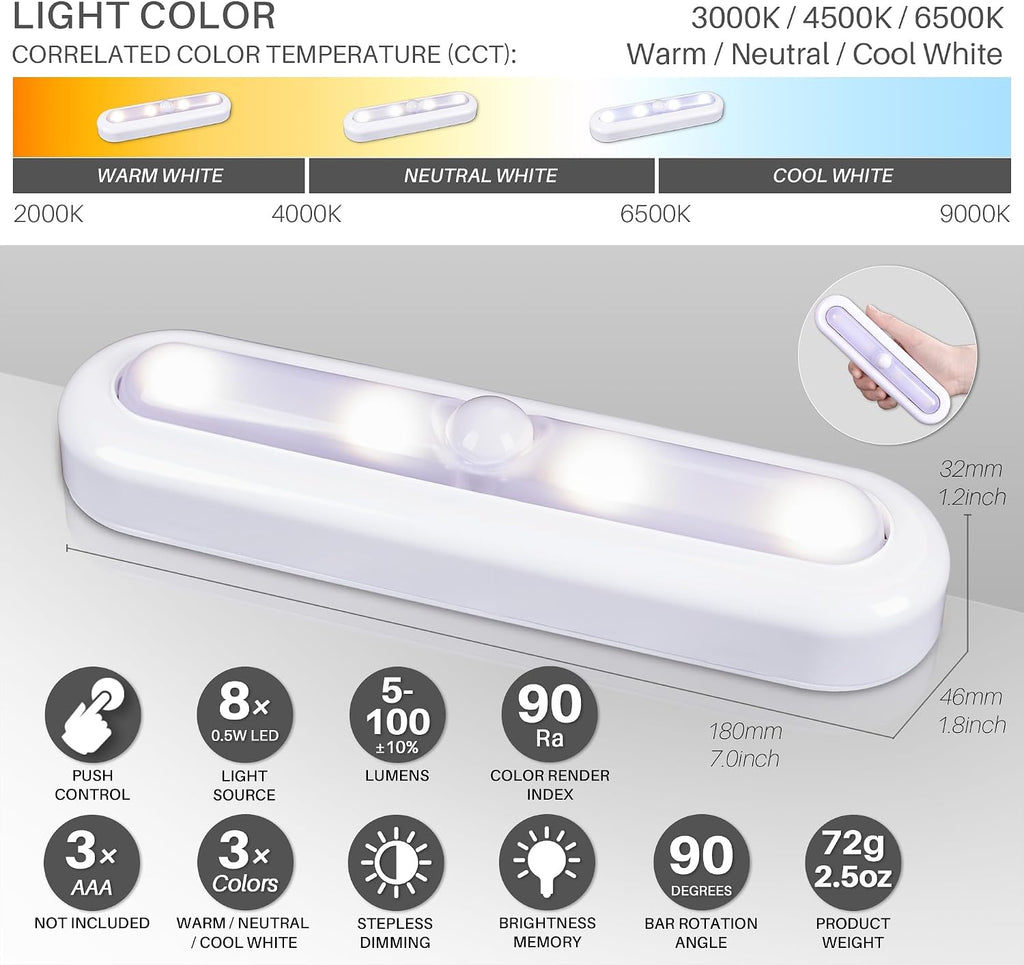 STAR-SPANGLED 7” Dimmable LED Stick on Push Tap Lights AAA Battery, 3 Pack