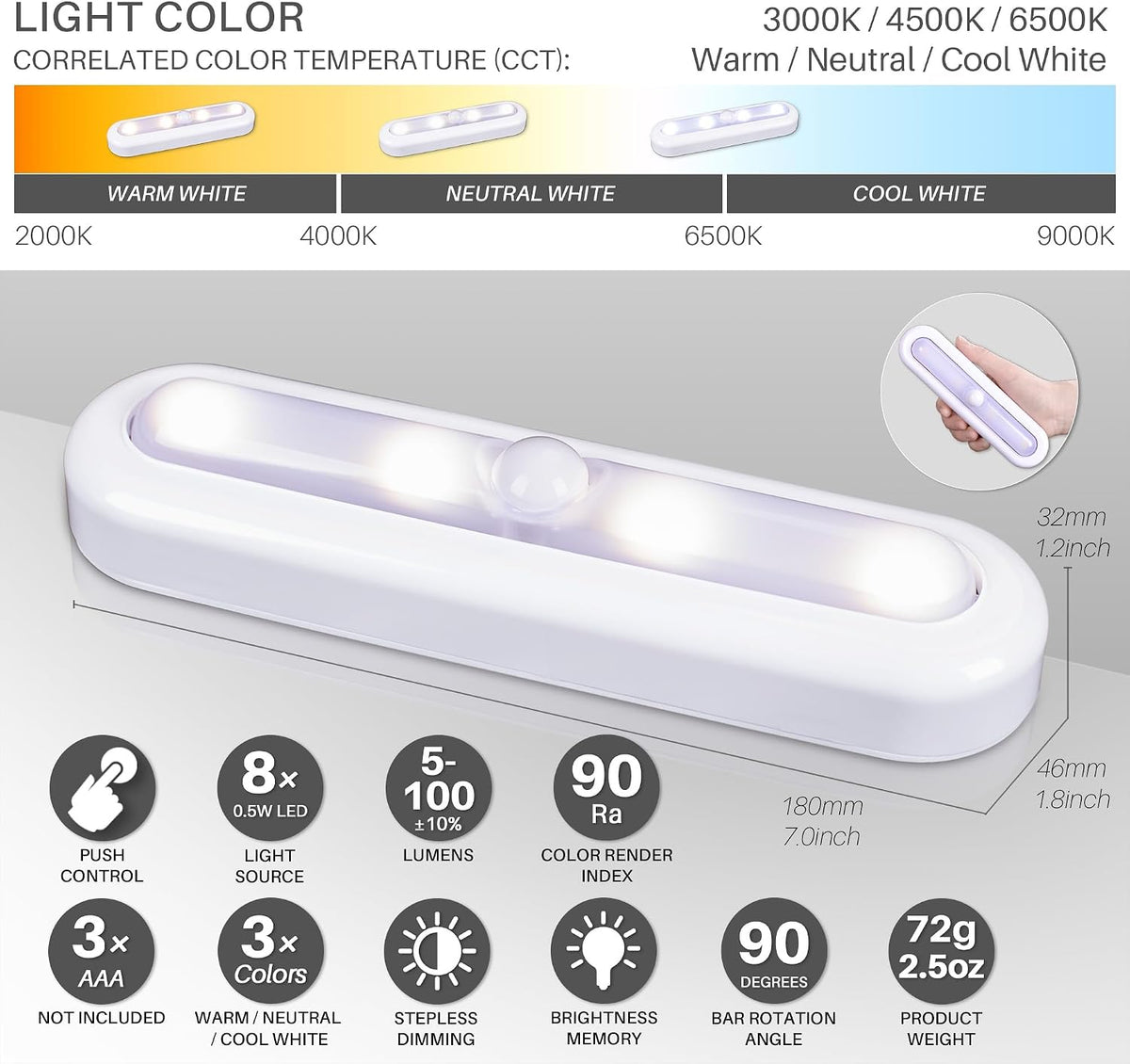 STAR-SPANGLED 7” Dimmable LED Stick on Push Tap Lights AAA Battery, 3 Pack