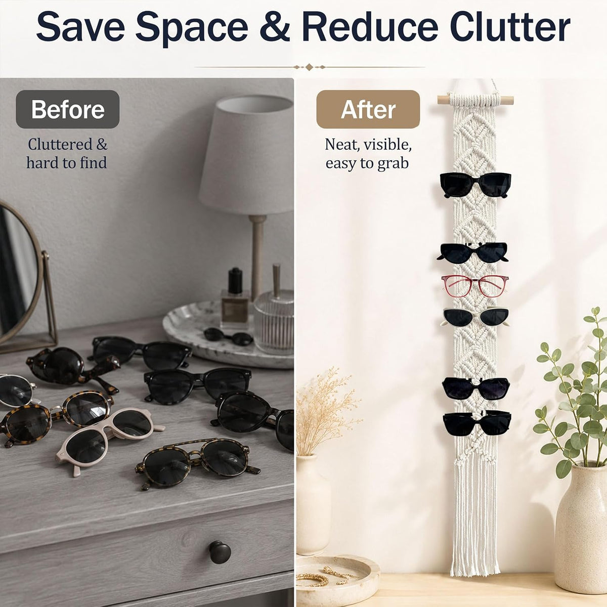 Boho Sunglasses Holder Macrame Wall-Mounted Eyeglasses Organizer Holds 10 Pairs, Handwoven Cotton Rope Glasses Display Rack with Wood Rod, Space-Saving Sunglass Storage for Bedroom Closet Entryway