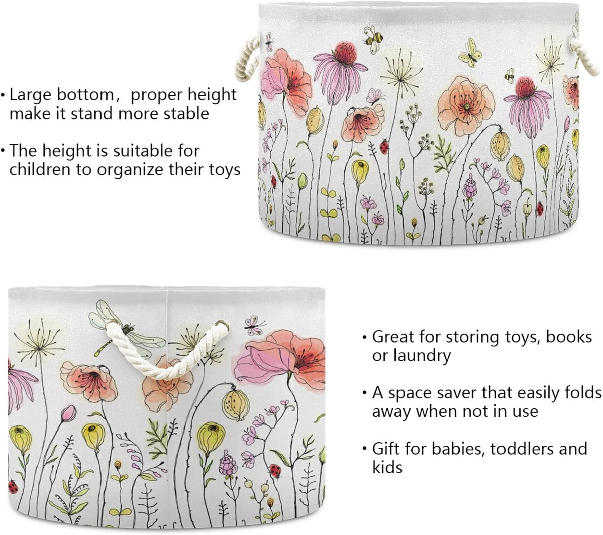 Cotton Rope Basket Colorful Wildflowers Baby Laundry Basket Blanket Kids Toy Storage Basket