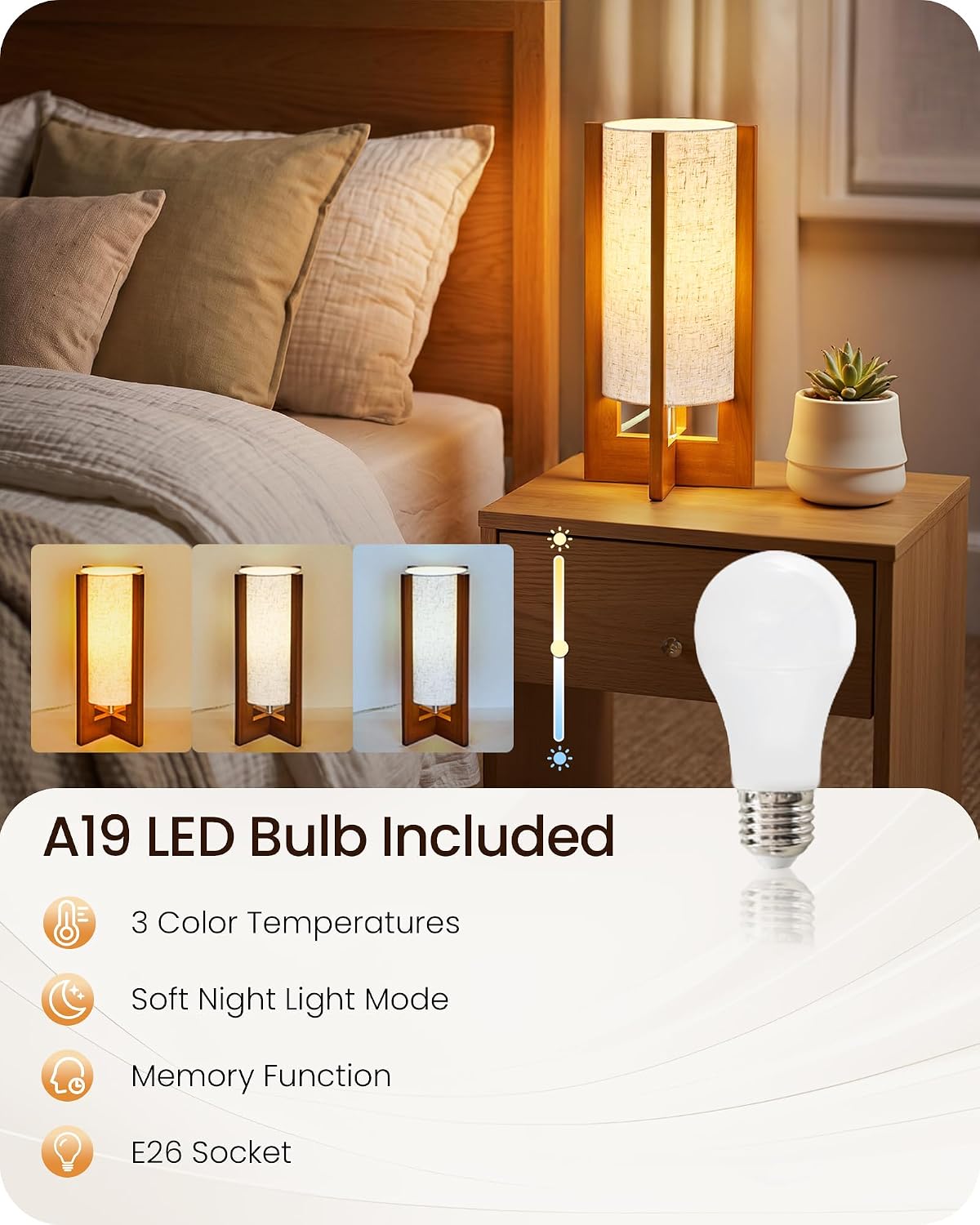Small Table Lamp, 13.4" Wood Bedside Lamp with A19 LED Bulb