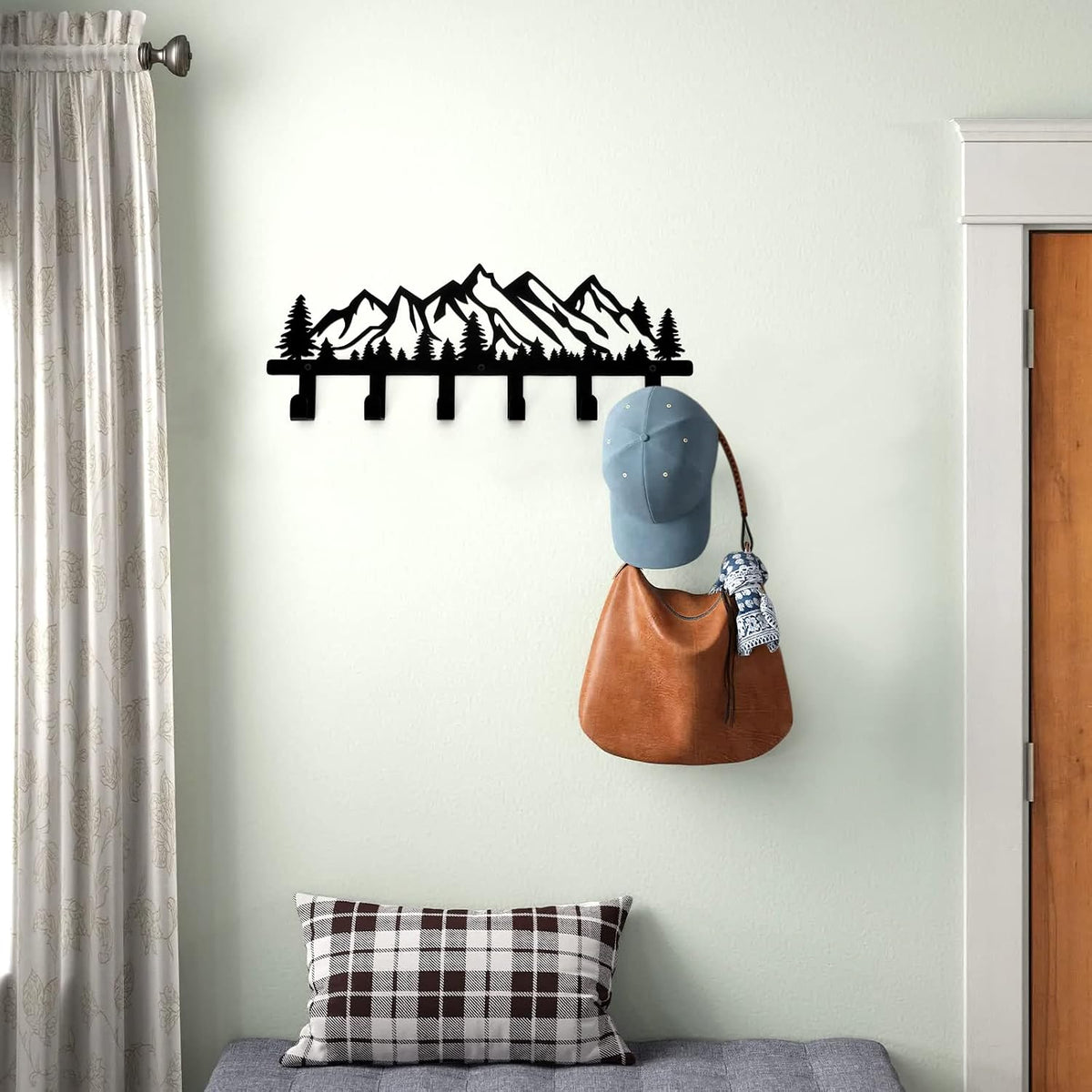 Qmetalart Mountain Metal Wall Coat Rack, Rustic Entryway Hooks