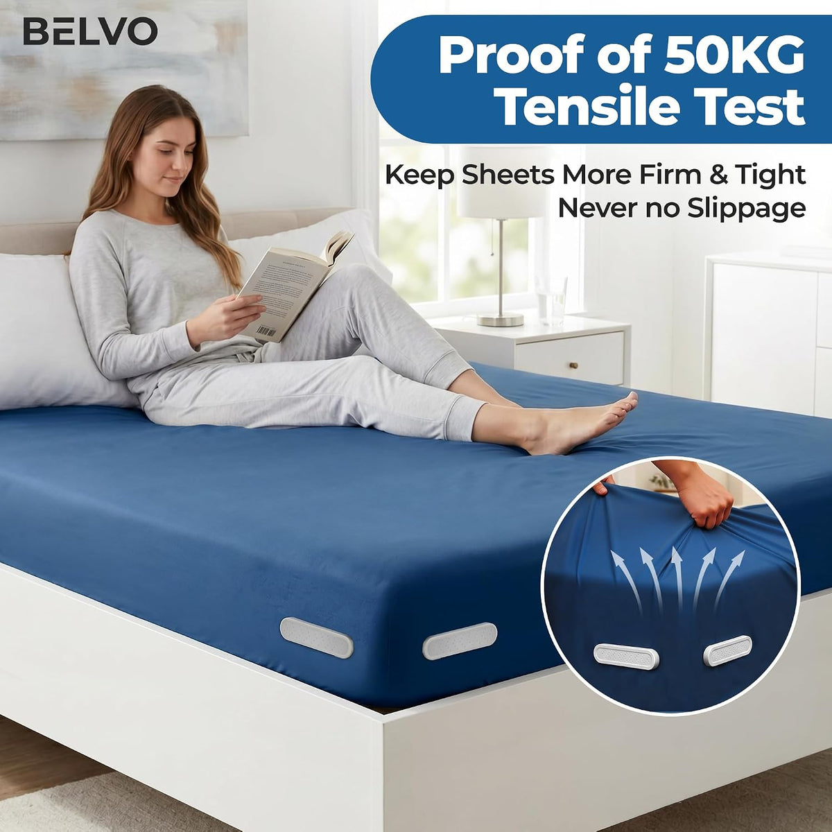 Belvo Bed Sheet Holder Straps with Lock – Bed Sheet Holders for Corners, Fitted Sheet Clips & Fasteners, Keeps Sheets Tight & Secure, Adjustable Sheet Grippers for Twin Full Queen King Beds – White