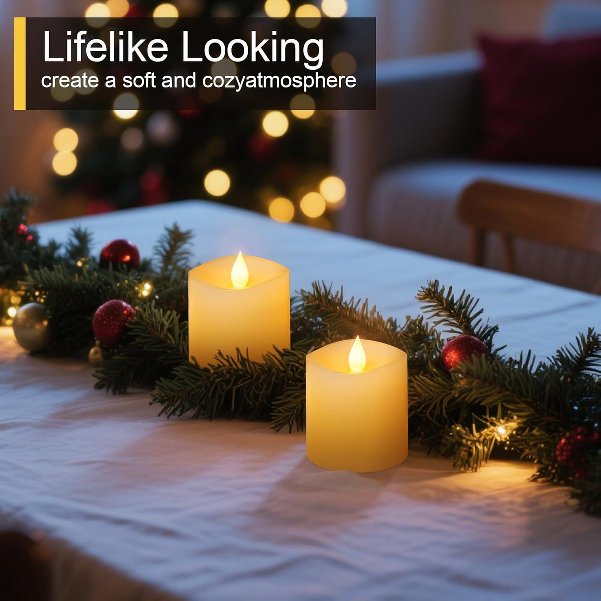 3x3 Flameless Candles with Remote Set of 2, 3 inch Battery Candles Flickering with Timer, LED Pillar Candle for Indoor/Outdoor, Lvory White