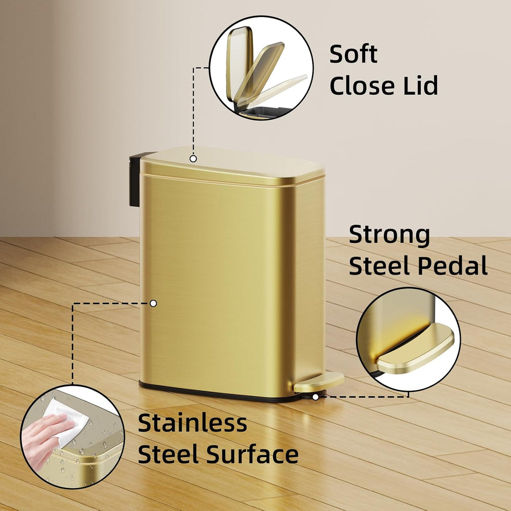 KSSKSS Small Bathroom Trash Can with Lid Soft Close, Step Pedal, 6L / 1.6 Gal Stainless Steel Garbage Bin with Removable Inner Bucket, Slim Wastebasket for Narrow Spaces (Gold)