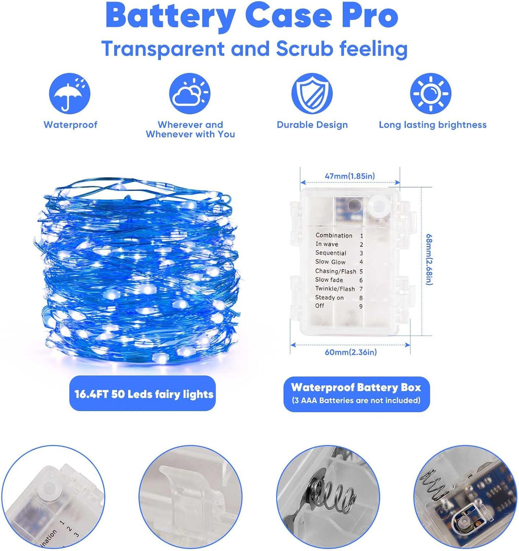 Ariceleo 2 Pack 16.4 Ft. Battery Operated Outdoor String Lights with Remote & Timer, LED Blue Fairy Lights, Waterproof Twinkle Lights for Bedroom, Dorm, Mason Jar, Wedding, Party, Christmas