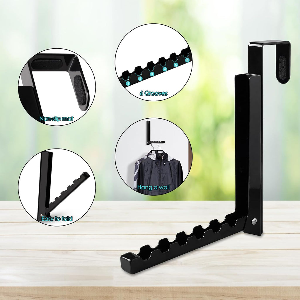 Over Door Hooks - Foldable Laundry Hangers for Clothes, Coats, Towels & Robes - 6 Groves - Behind Door - 2Pcs (Black)