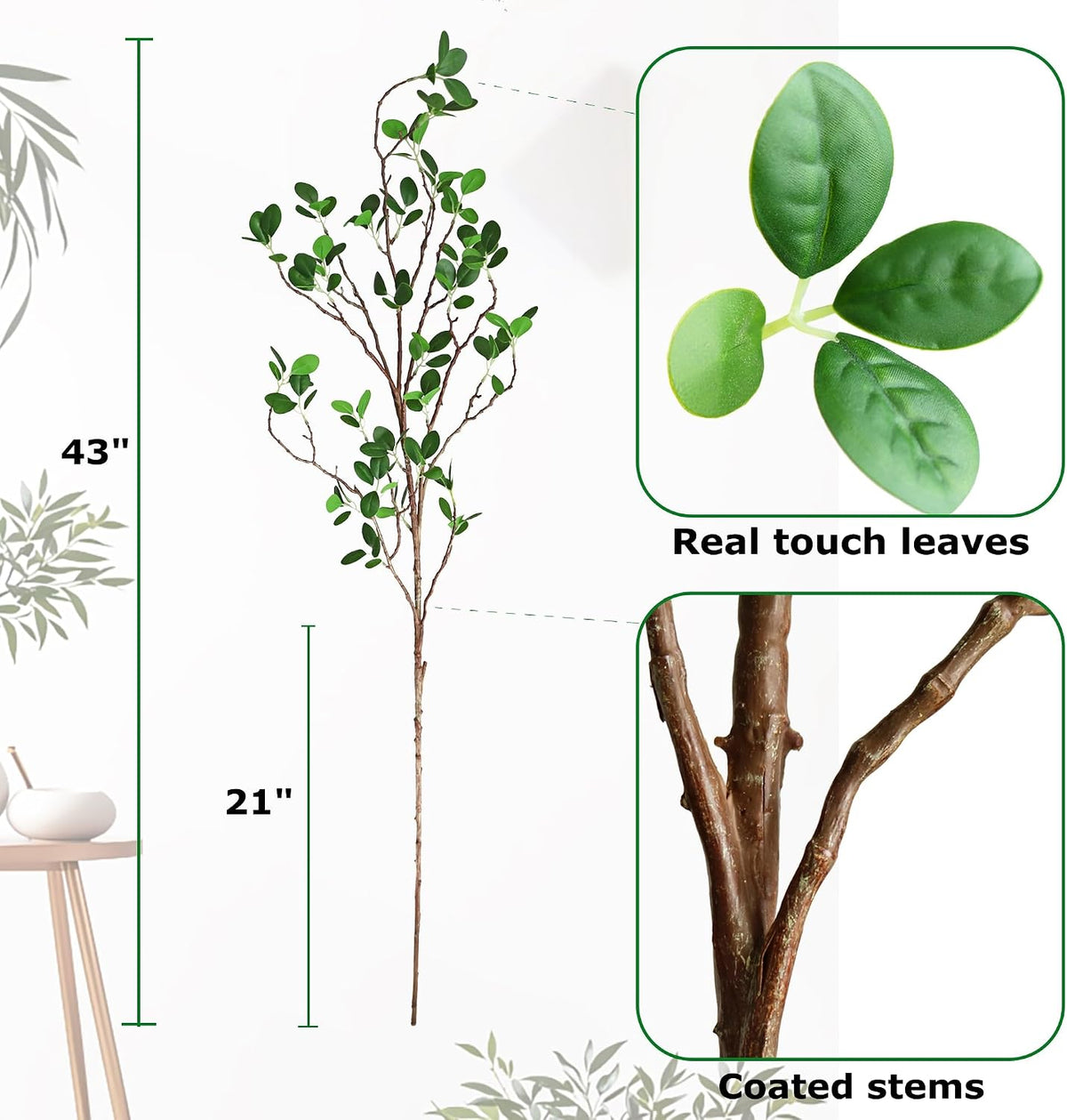 Htmeing Artificial Eucalyptus Green Branches with Leaves Faux Long Stems Fake Greenery Plants Ficus Twigs for Home Office Shop Farmhouse Decoration 110cm/43 (5 PCS)