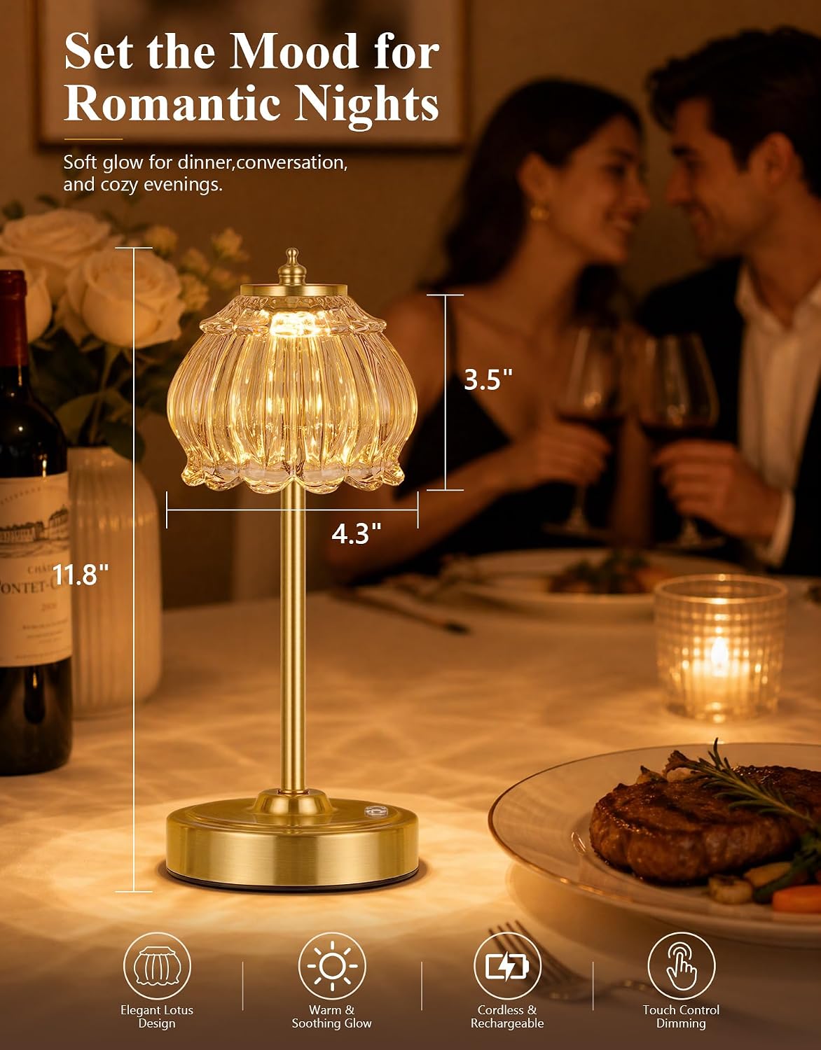 ROTTOGOON Cordless Table Lamp, Glass Rechargeable Battery Operated Lamp, 3-Way Stepless Dimming Touch Lamps, Small Glass Bedside Nightstand Light for Bedroom Dining Table Living Room