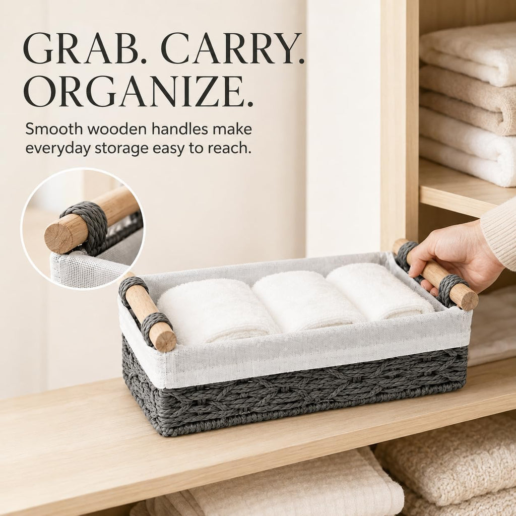 Gray Bathroom Baskets Set of 2, Paper Rope, Wood Handles