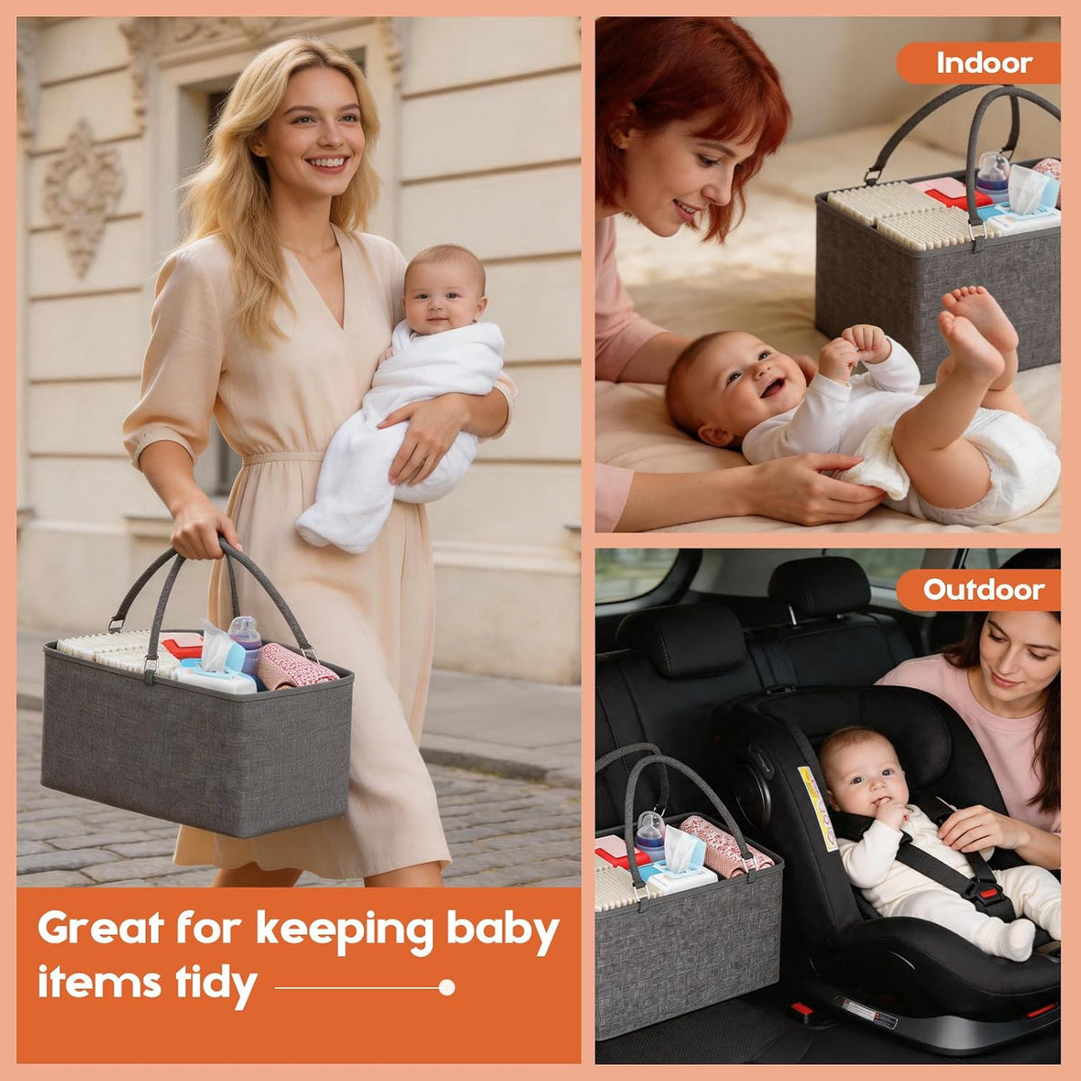 Cidaziya 3In1 Baby Diaper Caddy Organizer, 3 Tier Rolling Cart with Drawer, Detachable Dividers, Mobile Utility Cart Baby Dresser Clothes Organizer for Crib, Bedroom, Art & Craft Storage, Grey