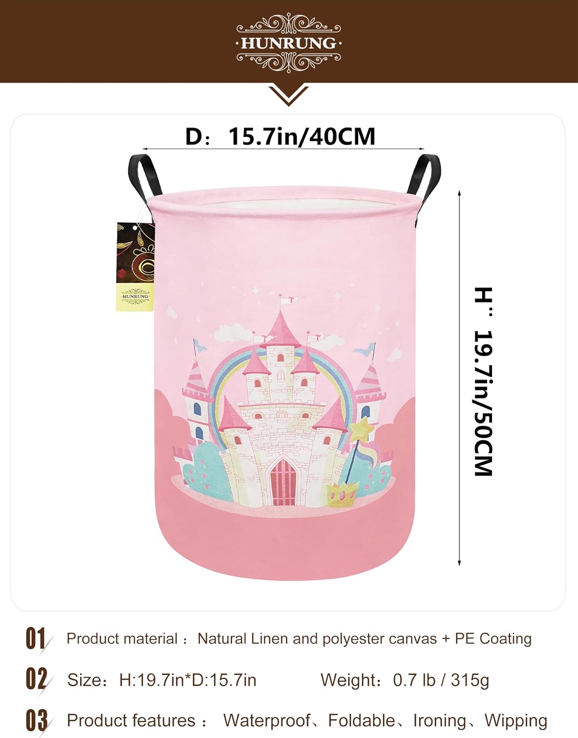 Round Fabric Collapsible Storage Basket with Handles, Pink Castle