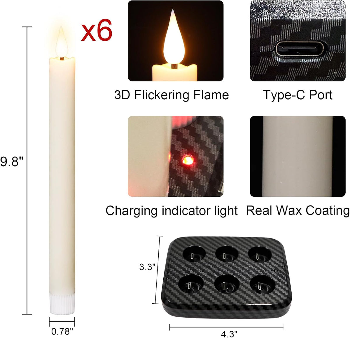 Rechargeable Flameless Taper Candles Flickering with 2 Remote Timer