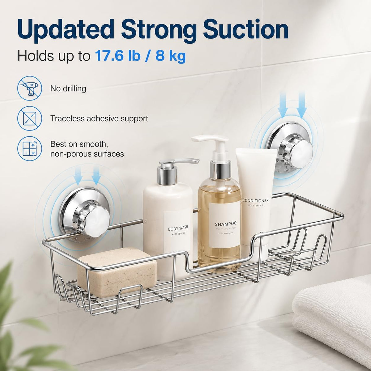iPEGTOP Strong Suction Cup Adhesive Shower Caddy Bath Shelf Storage with Hooks, Combo Organizer Basket for Shampoo, Conditioner, Soap, Razor Bathroom Accessories - Rustproof Stainless Steel