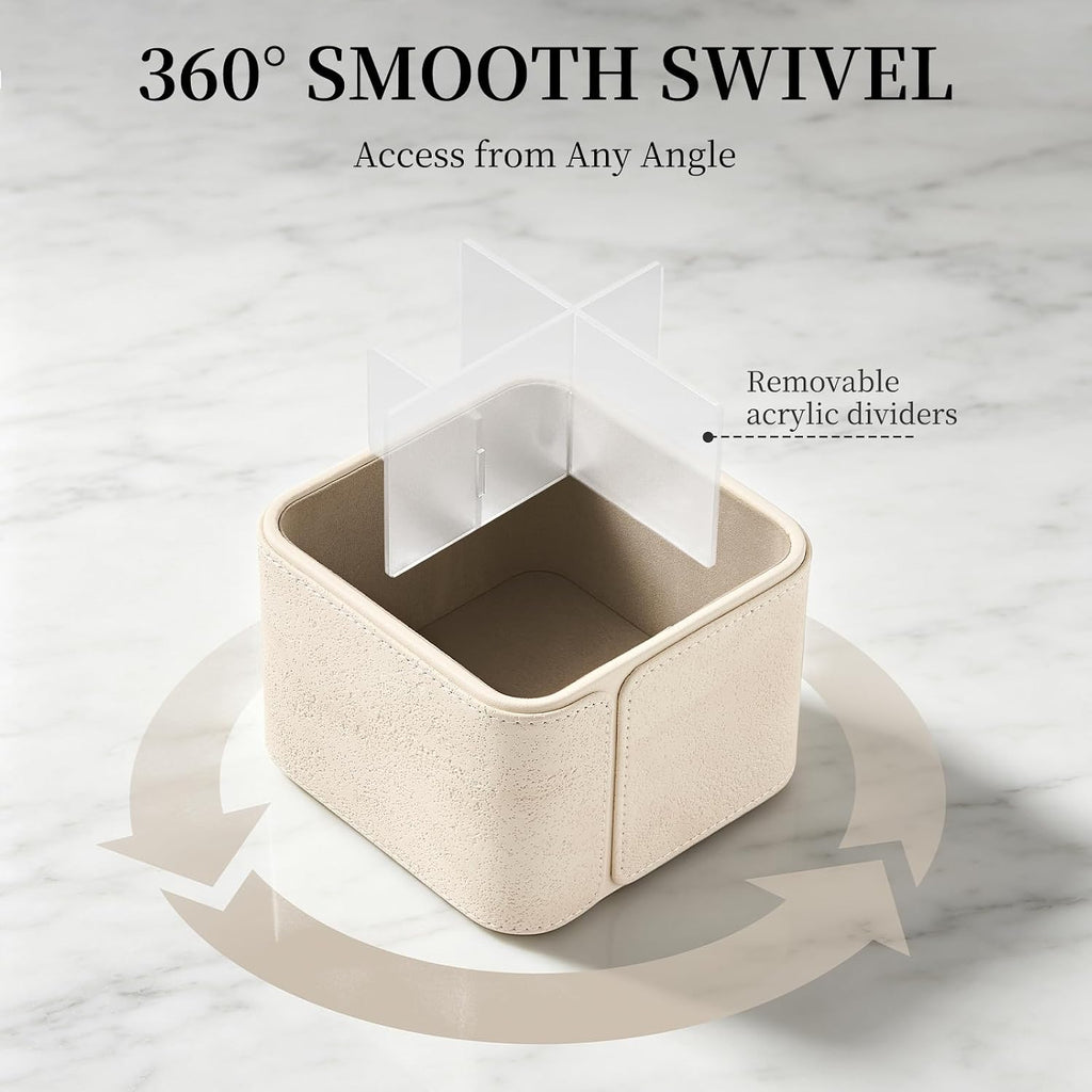 360° Rotating TV Remote Control Holder & Desk Organizer, Travertine-Look PU Leather, 0.421kg Wood Core, Removable Acrylic Divider (Off White)
