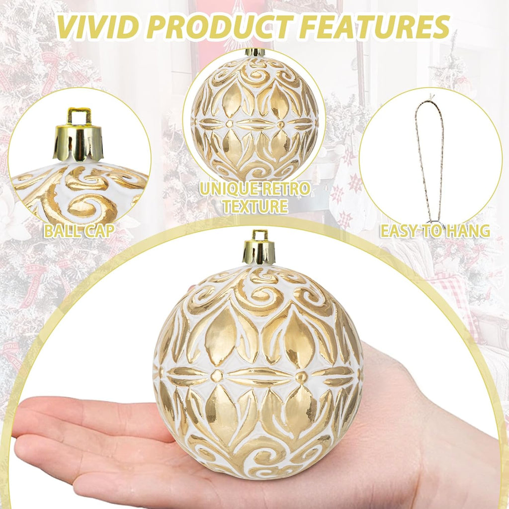 Hollyone 3.15"/80mm Gold Christmas Ball Ornaments 12 Pcs Shatterproof Christmas Tree Relief Ornament Set Large Hanging Balls for Xmas Wedding Holiday Wreath Home Decorations