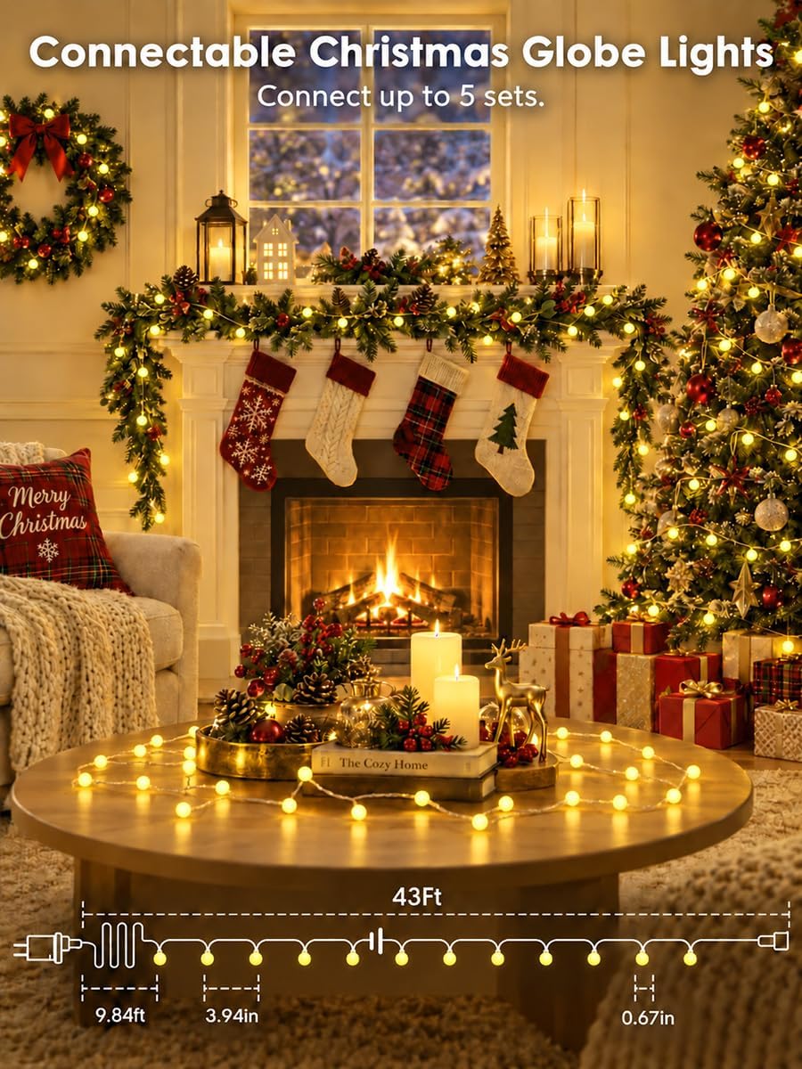 2PK 200LED 86FT Connectable Globe String Lights Indoor, Christmas Lights