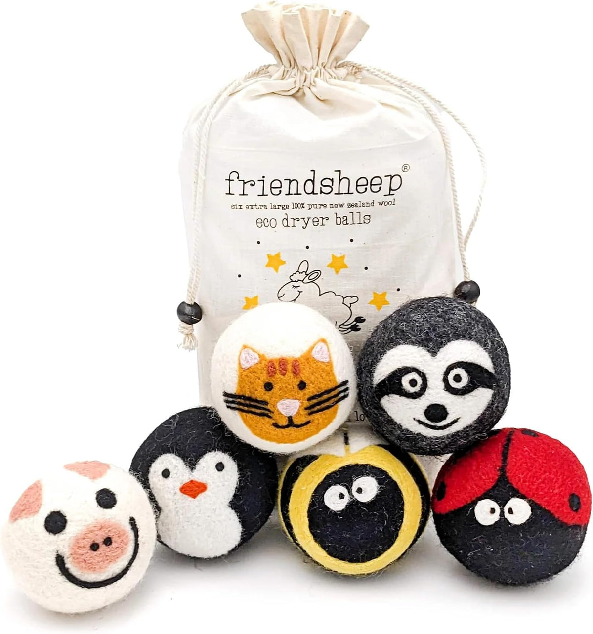 Friendsheep Wool Dryer Balls (6 Pack XL - Critter Camp)