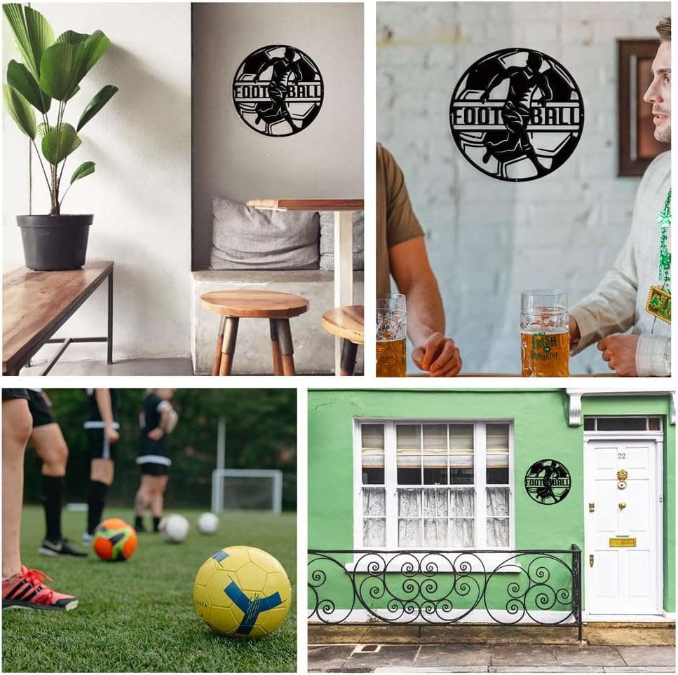 NBEADS Soccer Theme Metal Wall Art Decor, Flat Round Matte Black Wall Hanging Decor Silhouette Wall Art for Home Bedroom Living Room Garden Hotel Office Wall Decoration, 10.7 Inch