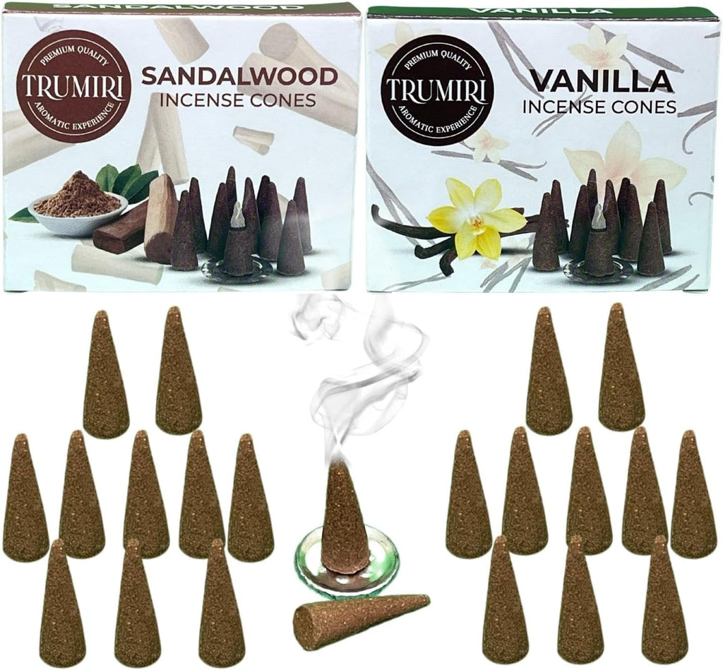 TRUMIRI Incense Cones - Combo Pack of 20 Cone Incense - 10 Vanilla + 10 Sandalwood - Insence Cones - Incense Cones Scented - Cone Incense Scents - Insense Cones - Incent Cone
