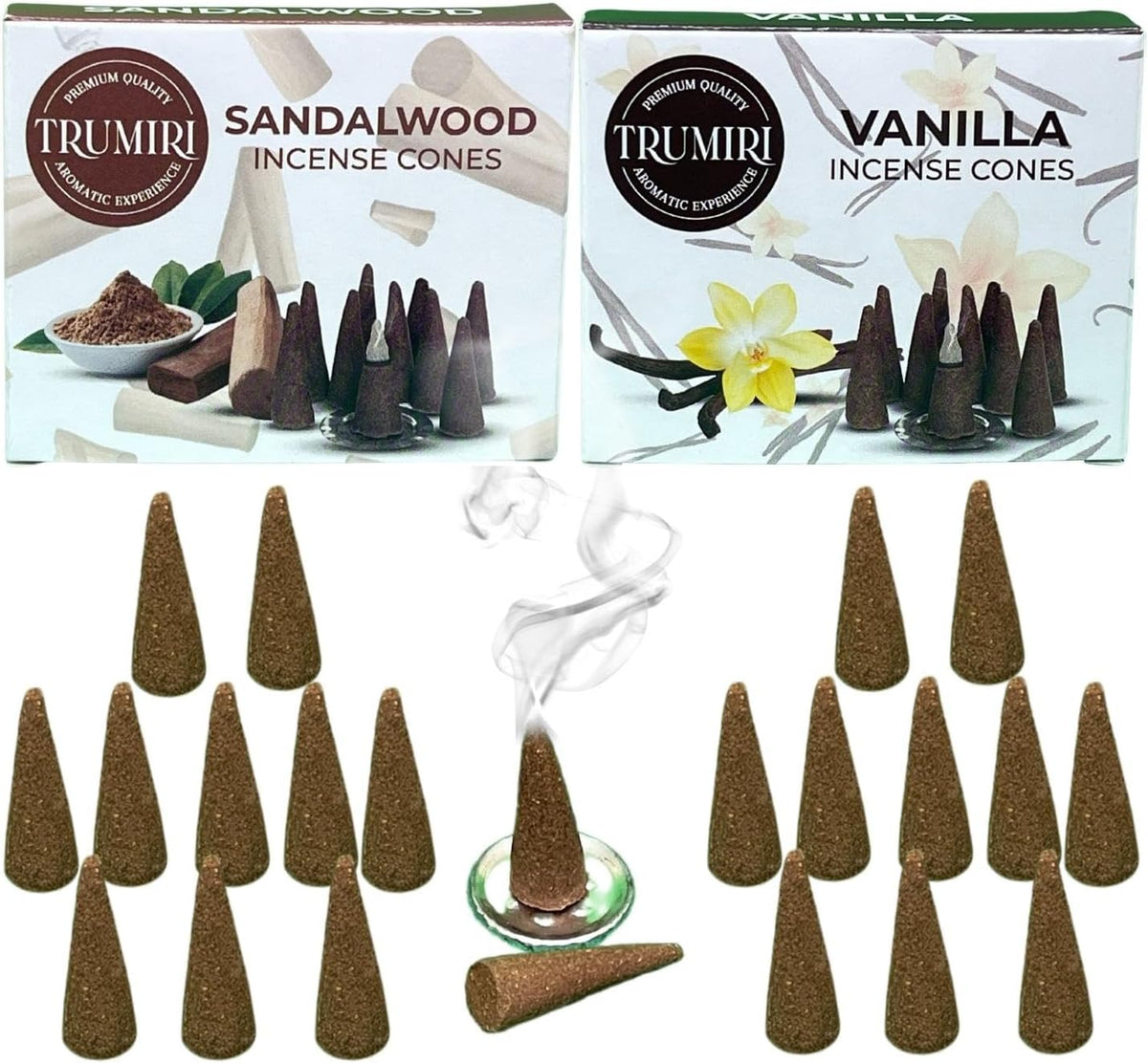 TRUMIRI Incense Cones - Combo Pack of 20 Cone Incense - 10 Vanilla + 10 Sandalwood - Insence Cones - Incense Cones Scented - Cone Incense Scents - Insense Cones - Incent Cone