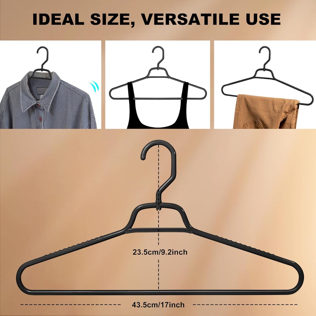 Quality Hangers Heavy Duty Black Plastic Hangers 120-Pack with Swivel Hook | 7mm Thick Non Slip Coat Hangers with Accessory Bar | Ideal Clothes Hangers Plastic for Everyday Use | 17 Inches 120, Black