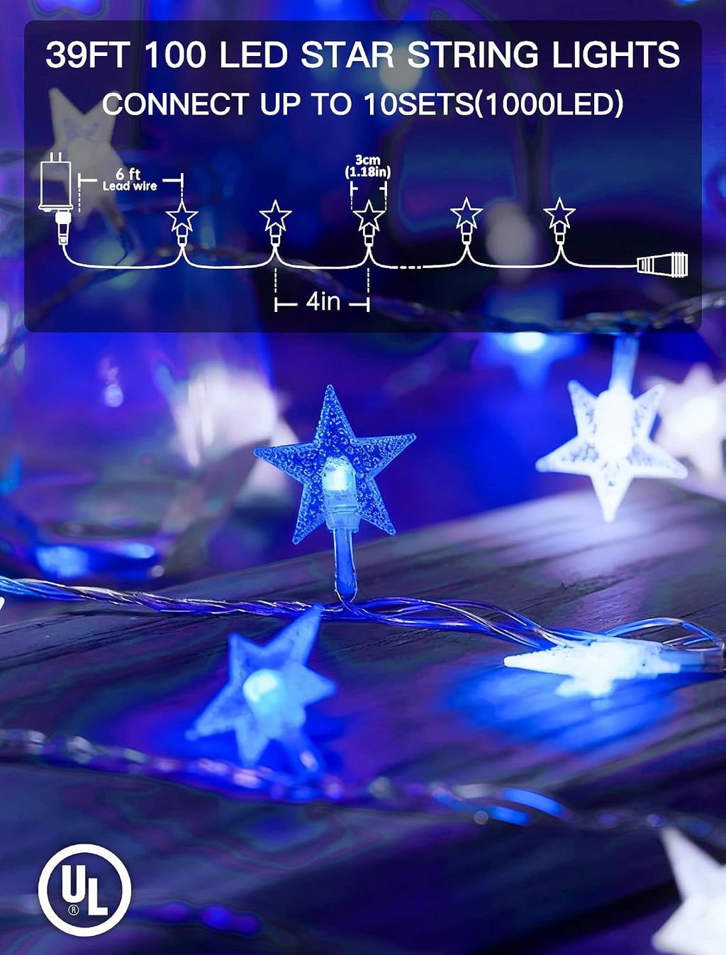 39FT 100 LED Blue White Star String Lights Plug in