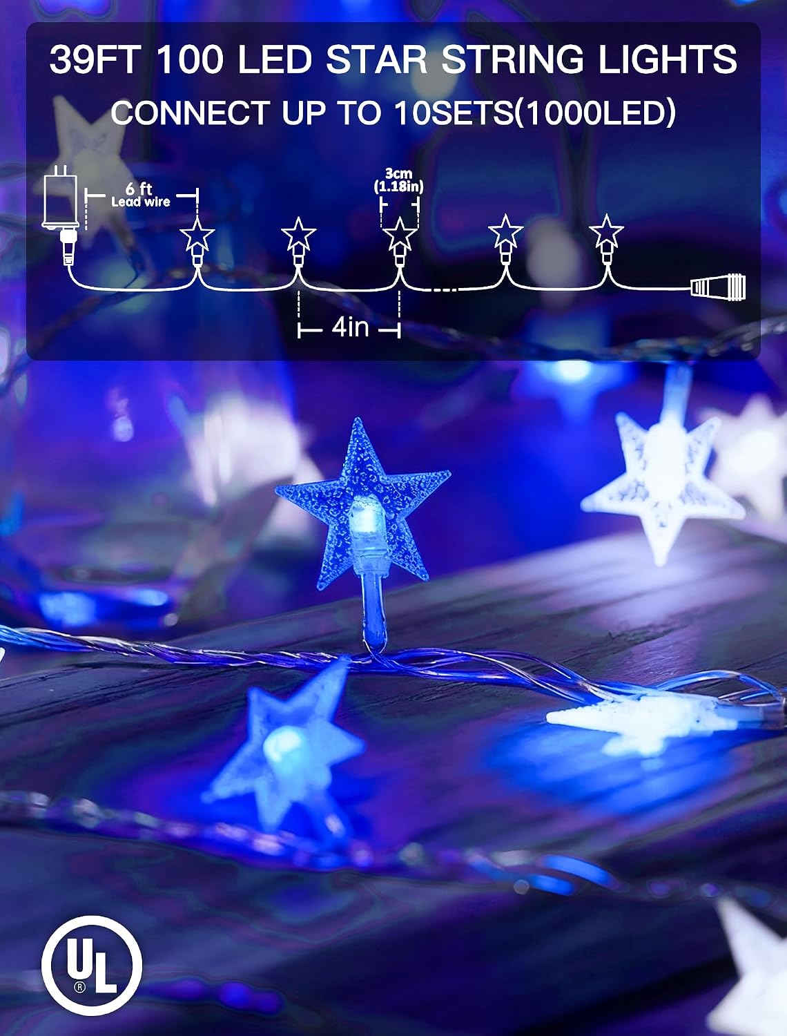 39FT 100 LED Blue White Star String Lights Plug in