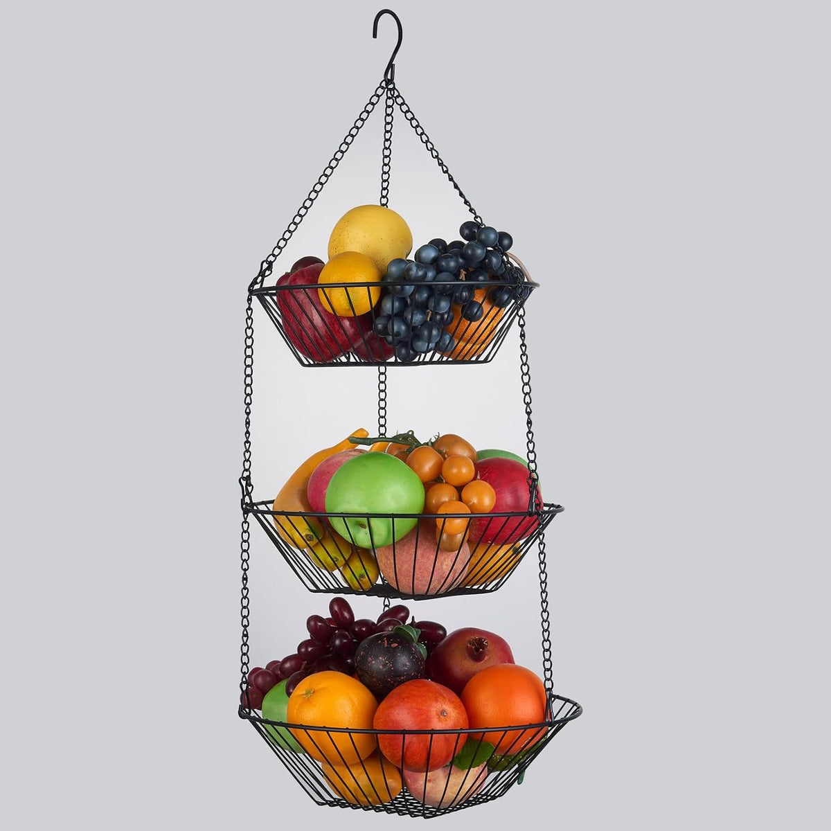 JUNCHU CHERRY 3-Tier Wire Fruit Hanging Basket 2 Packs,non-Punching Wall Hanging Storage,Kitchen Bathroom Organization Basket,Suitable for Bathroom,Kitchen,Closet,Garden,Black