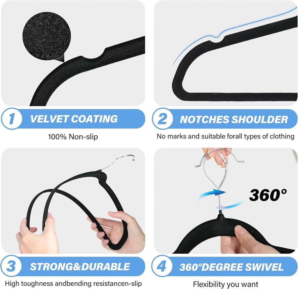 YSSOA Heavy Duty Velvet Hangers 50 Pack, 360° Swivel Hooks, Non-Slip Clothes Hangers with Shoulder Notches, Black