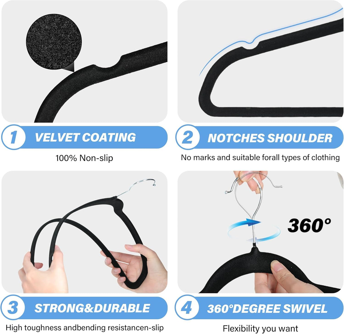 YSSOA Heavy Duty Velvet Hangers 50 Pack, 360° Swivel Hooks, Non-Slip Clothes Hangers with Shoulder Notches, Black