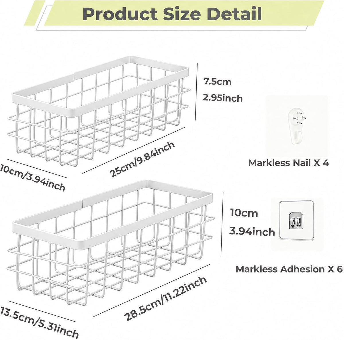 2 PCS Adhesive Wire Wall Baskets, Hanging Small Storage Organizer, L+White