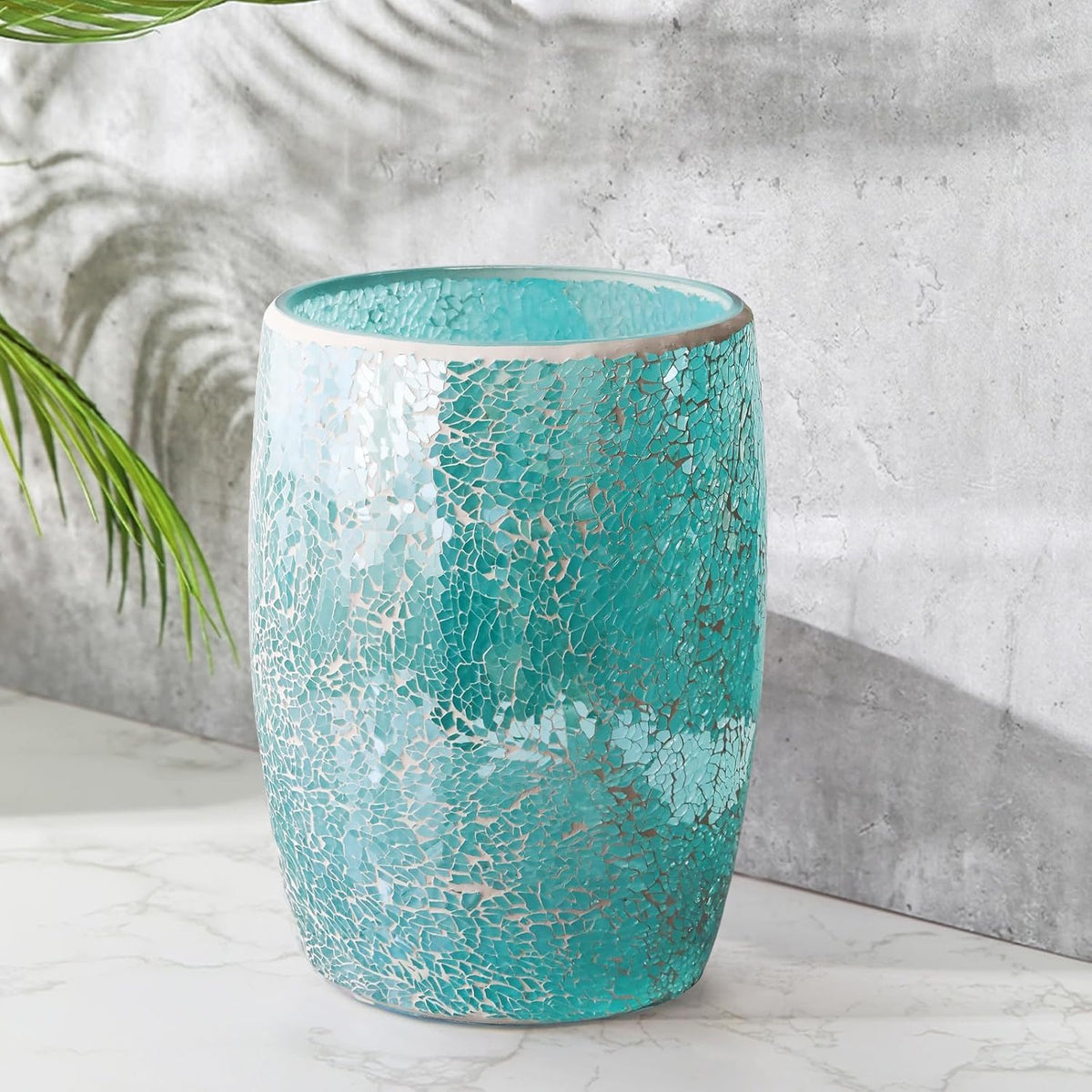 Escenzy Turquoise Bathroom Trash Can, Handmade Mosaic Glass 1.3 Gal / 5L | Decorative Waste Basket for Bathroom, Bedroom, Office | Luxury Coastal Bathroom Decor | Boho Home Decor Gift
