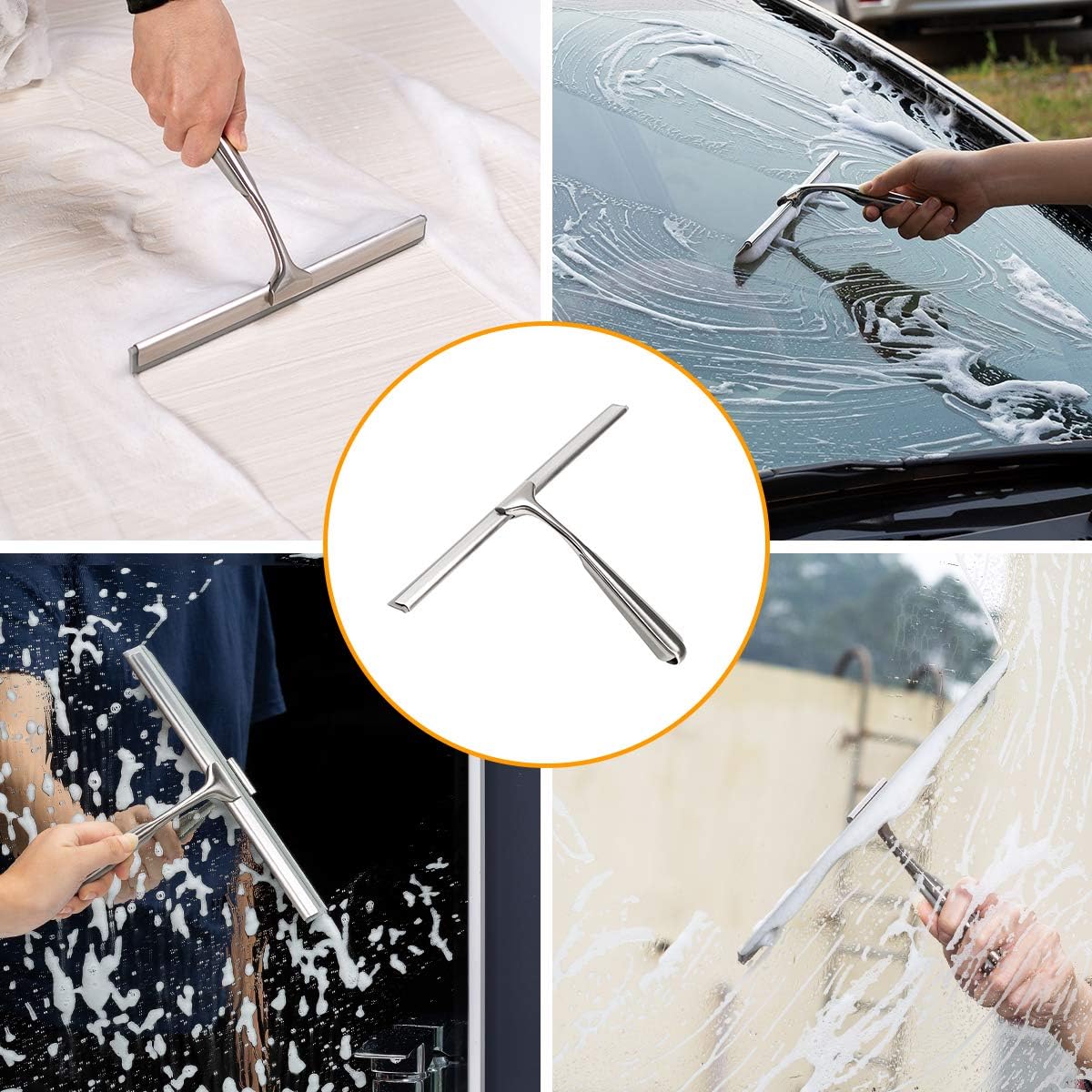 Shower Squeegee for Shower Doors 10 Inch Bathroom Squeegee for Windows,Kitchen,Mirror and Car Glass, Stainless Steel with Adhesive Hook