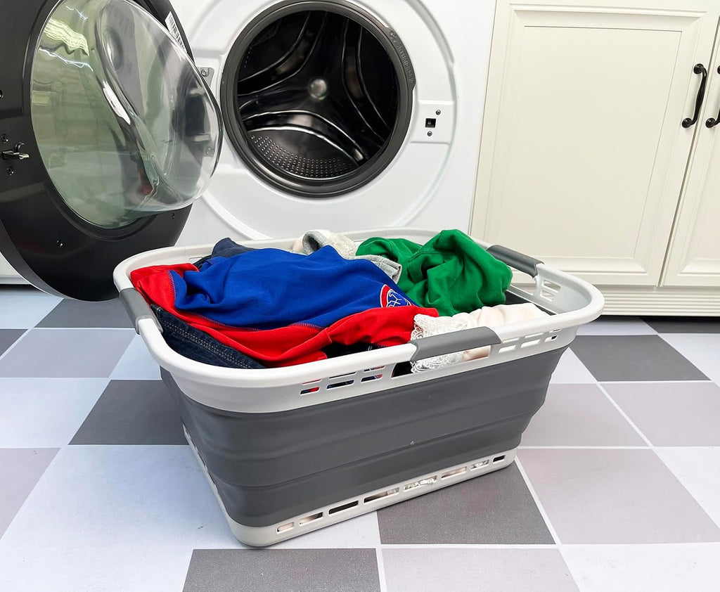 SAMMART 42L (11 Gallon) Collapsible Plastic Storage Basket - Foldable Pop Up Storage Container/Hamper - Portable Laundry Organizer - Space Saving (Grey/Steel Grey, 42L (Style B))