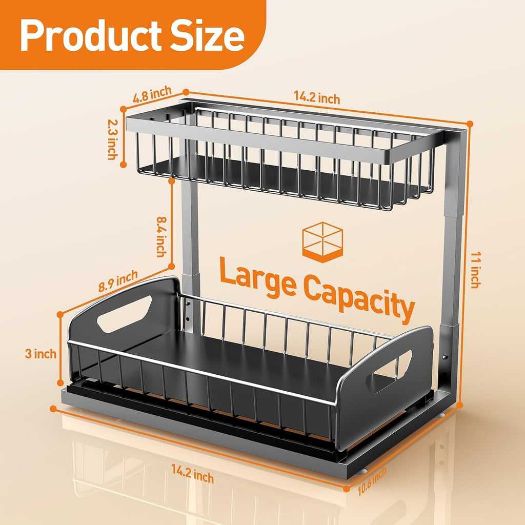 Under Kitchen Sink Organizer, Metal Pull Out Bathroom Organizers and Storage, 2-Tier Cabinet Organizer Shelf with Sliding Drawer, Home Organization for Kitchen, Laundry, Pantry, Dark Grey, 2 pack