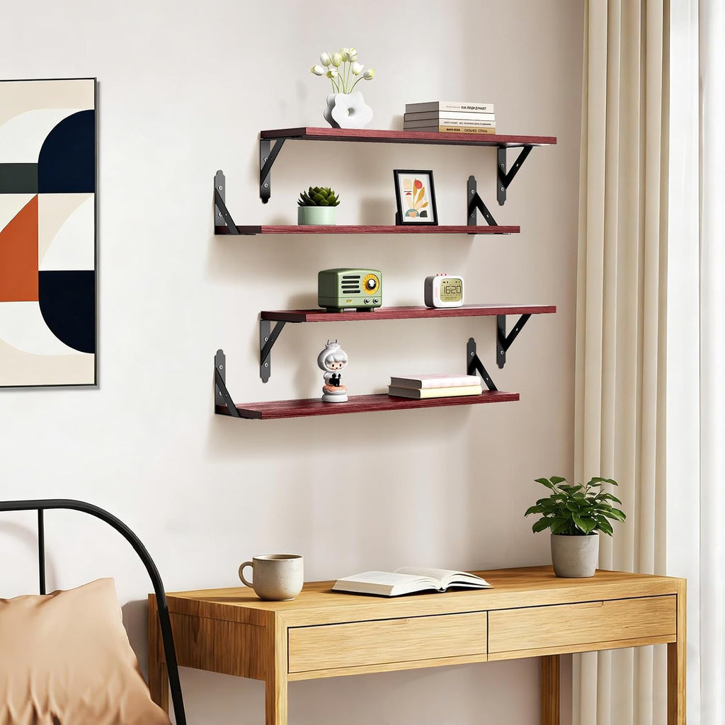 ROMGUAR CRAFT Wood Wall Floating Shelves Set of 4, 23.6" x 6" - Red