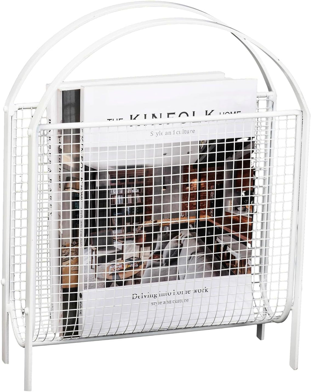 MyGift White Metal Mesh Magazine Rack, Mid Century Freestanding Holder