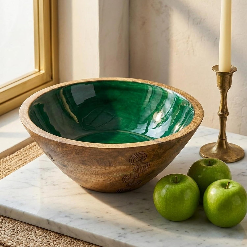 Green Wooden Decorative Bowl, Mango Wood Bowl Decor, High-Gloss Interior